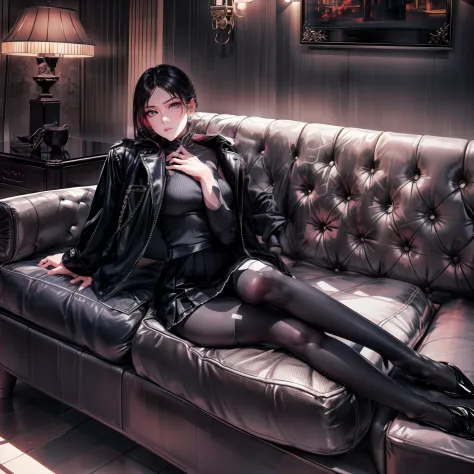 There was a woman sitting on the couch，Wear a jacket, thighhighs and skirt, pantyhose tights, nylon tights, lady in black coat a...