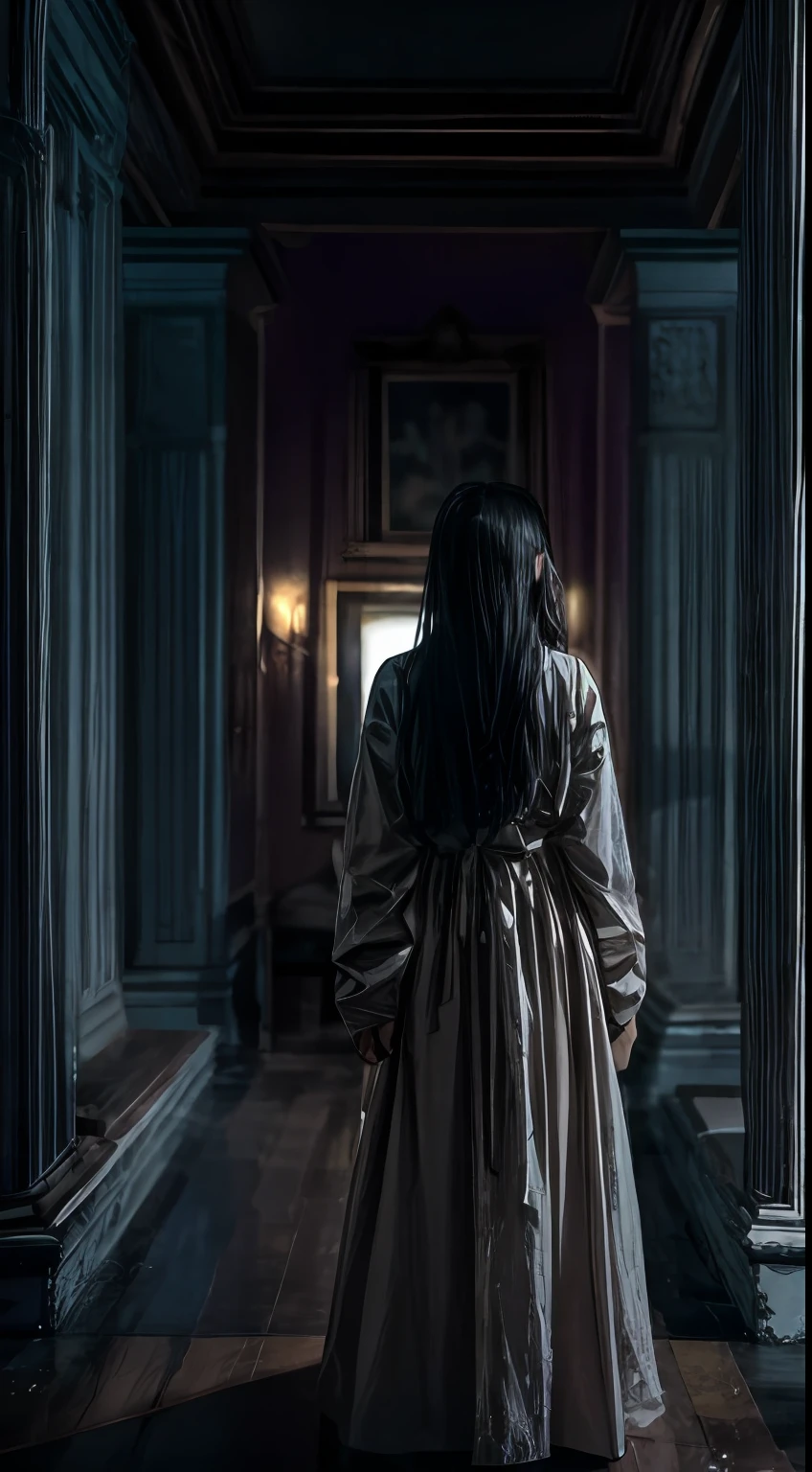 horror film shot of a creepy girl with long straight black hair, no face, wearing a dirty hospital gown, standing alone inside a mansion at night, rule of the thirds, tonal color scheme, pale brown, pensive stillness, bokeh, mystery, horror, unholy, eerie, creepy, moody lighting, in the style of denis villeneuve, film still, cinestill 800