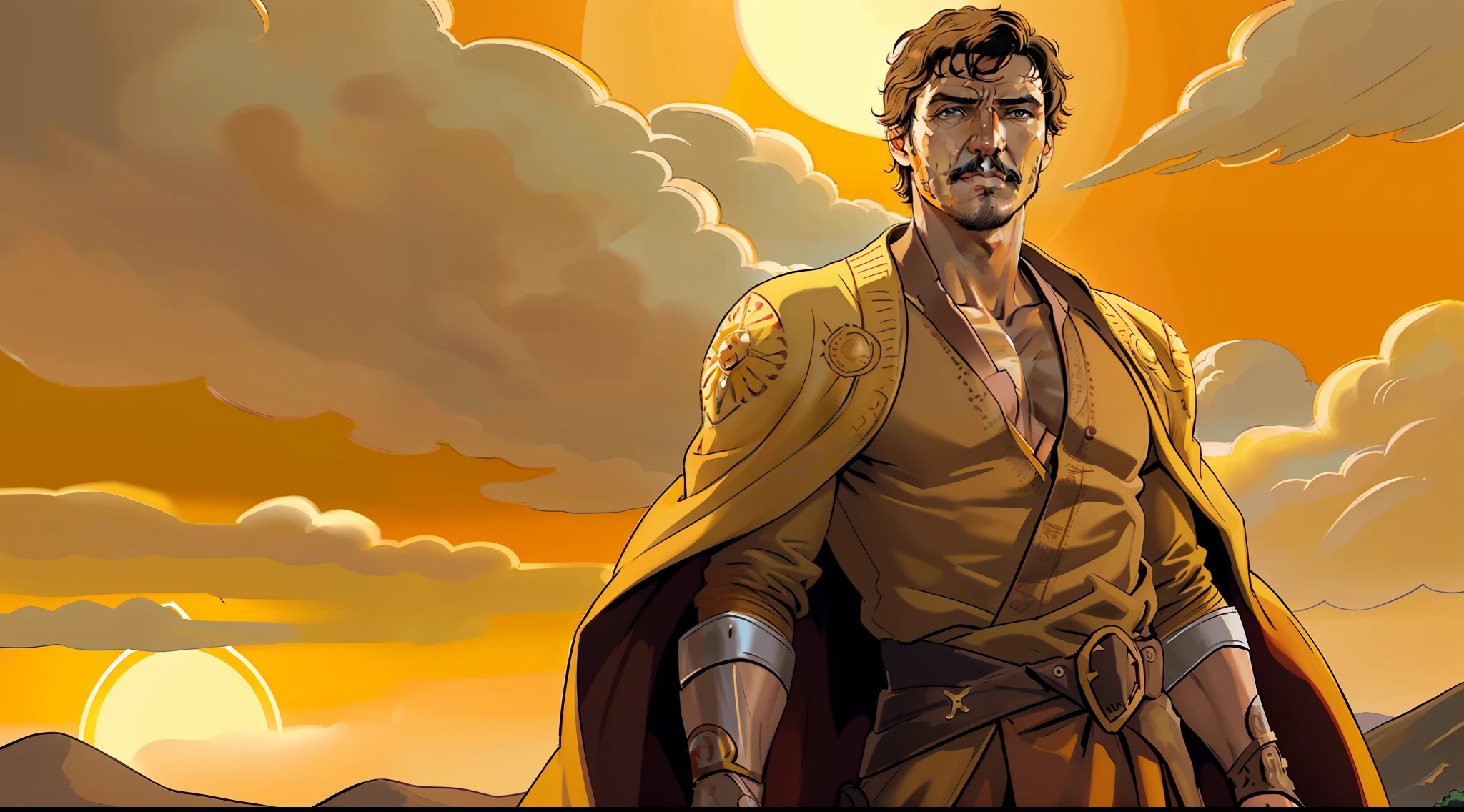 1 Junge,Mann (Pedro Pascal:1.15),spielt Oberyn Martell,(braune Augen:1.35),(Meisterwerk:1.10),(beste Qualität:1.10),(skizzieren,Cel-Shading:1.10),(Illustration:1.10),Matte-Painting-Hintergrund zu Game of Thrones,offizielle Kunst,goldene und gelbe Roben,Goldene Stunde,Sonnenuntergang,dynamische Aktionspose