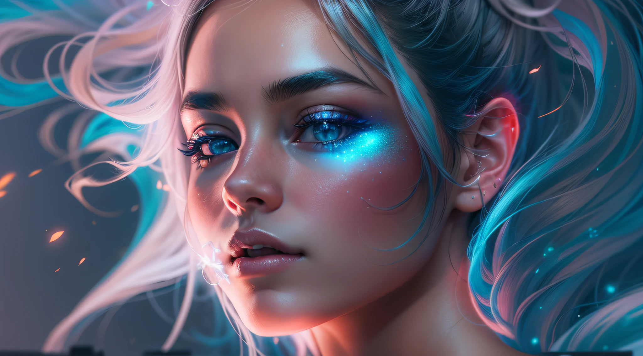 （1 girl），Superb Beauty，Volley，solo，Swiftstep，Phantom，Blue neon lights illuminate smoke，rendering by octane：1.5，Particle effect，misterious，glitters，Cinematic fill light，Colored pigments float in the air，best qualtiy，8K