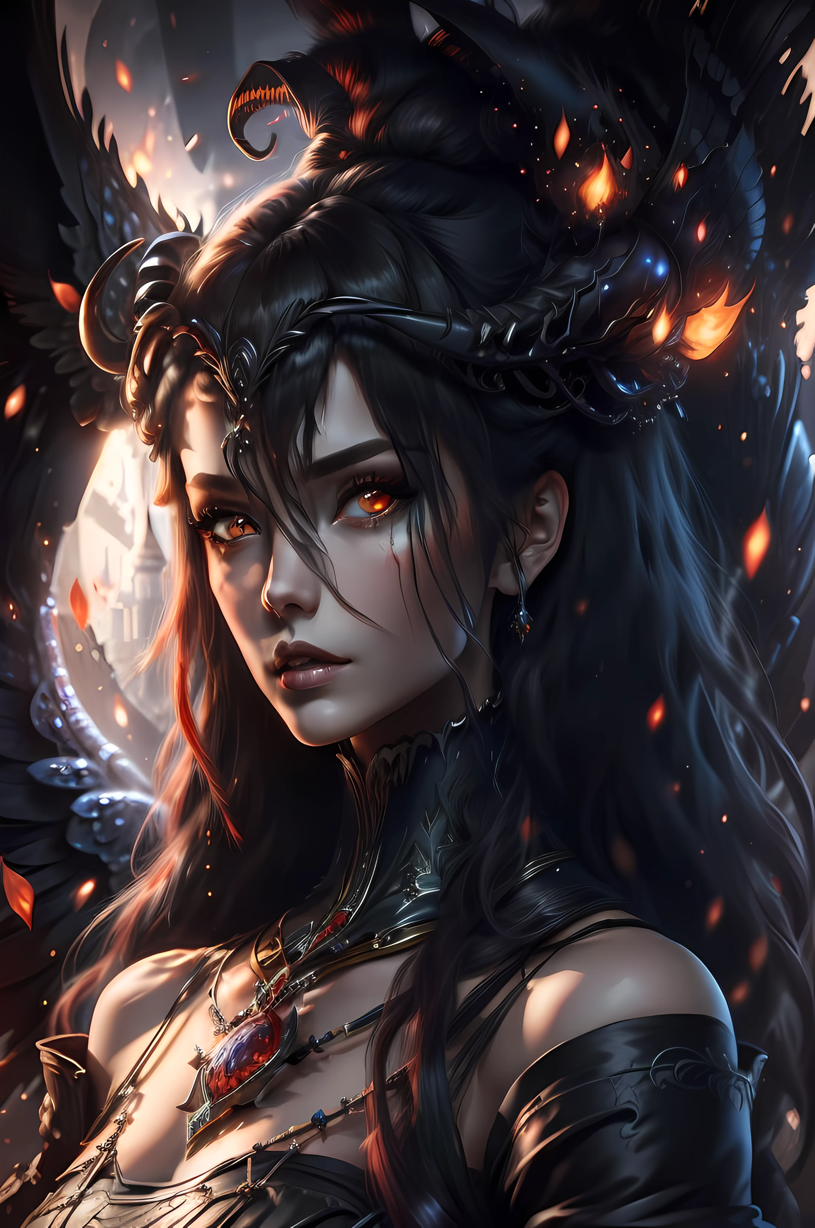 tmasterpiece，best qualtiy，detailedbackground，intricately details），dark castle，1girll，The demons，red hair，黑The eye，Pupil of the slit，curled horns，wings，fang，Black armor，bone，the night，Red Moon