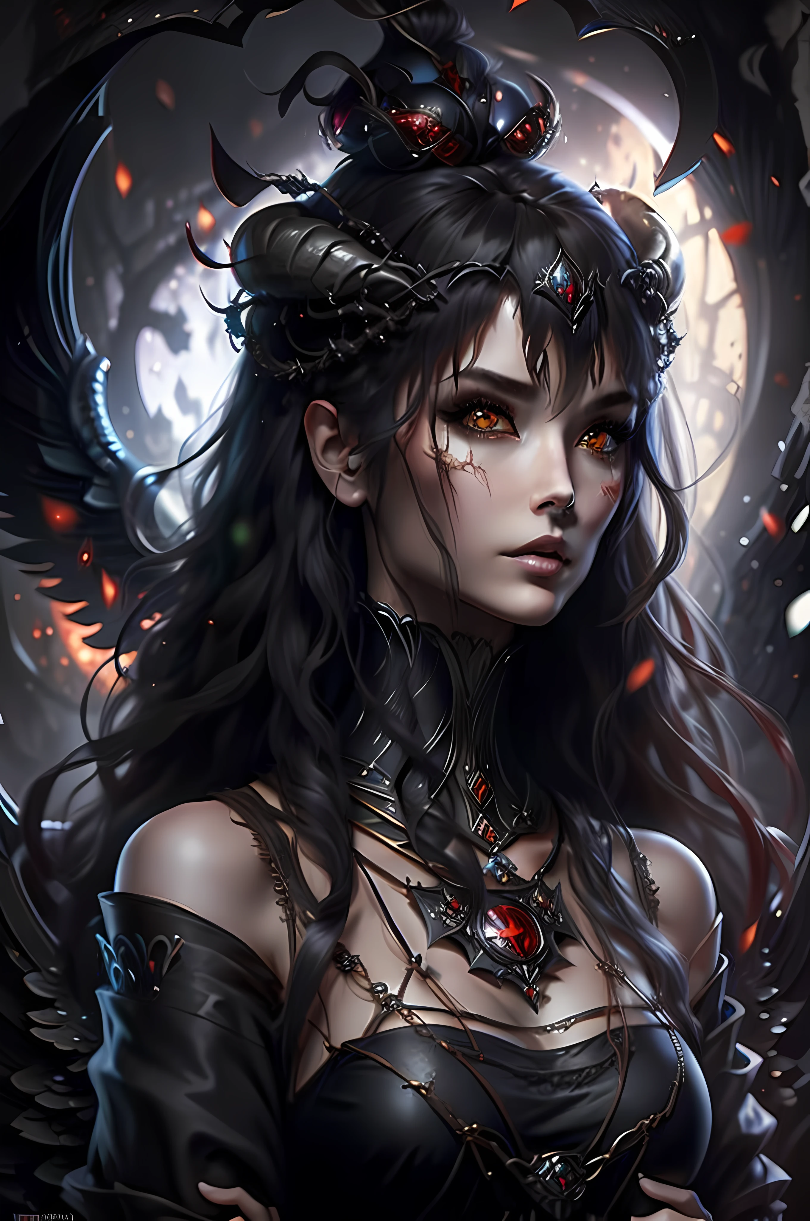 tmasterpiece，best qualtiy，detailedbackground，intricately details），dark castle，1girll，The demons，red hair，黑The eye，Pupil of the slit，curled horns，wings，fang，Black armor，bone，the night，Red Moon