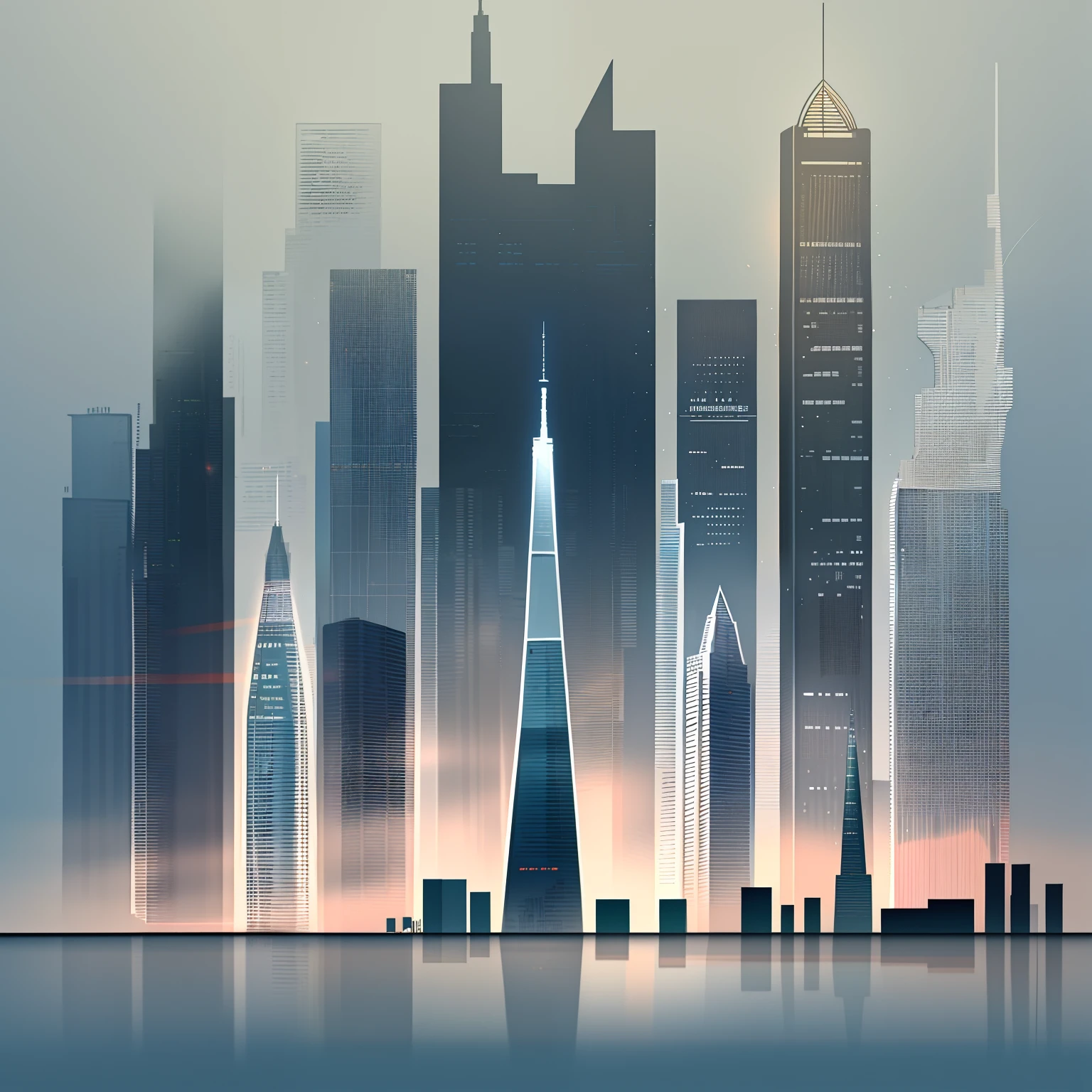 Illustration im urbanistisch-technischen Stil, Maßstab einer Stadt, Hoher Ismus-Wolkenkratzer, städtisch im Hintergrund, Urbane Skyline,  Reich,, Skyline-Anzeige,