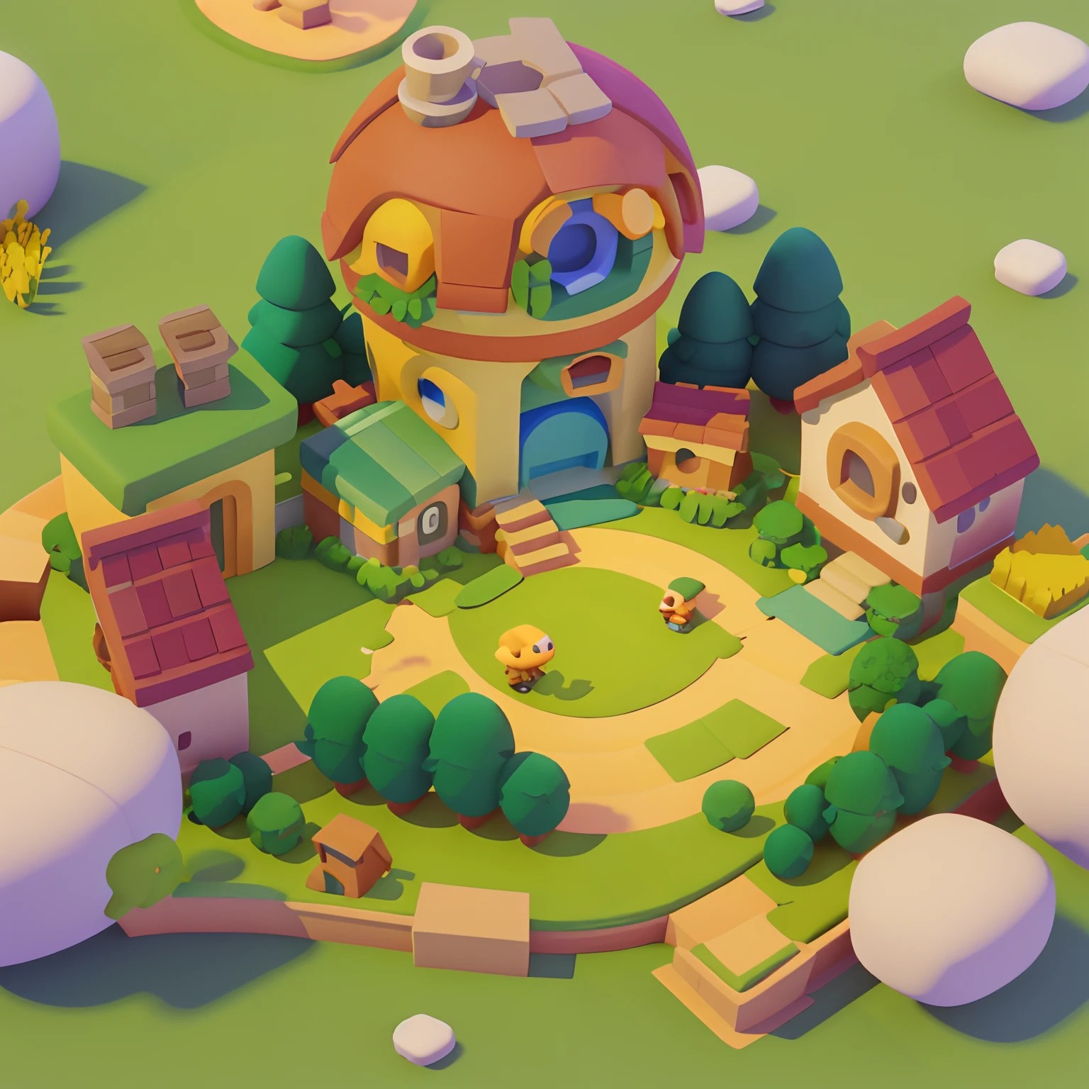 Game architectural design, Stadium architecture, cartoony, towns, steins, brick, grassy fields, rios, blossoms, casual game style, 3D, blender, tmasterpiece, super detailing, best qualtiy.