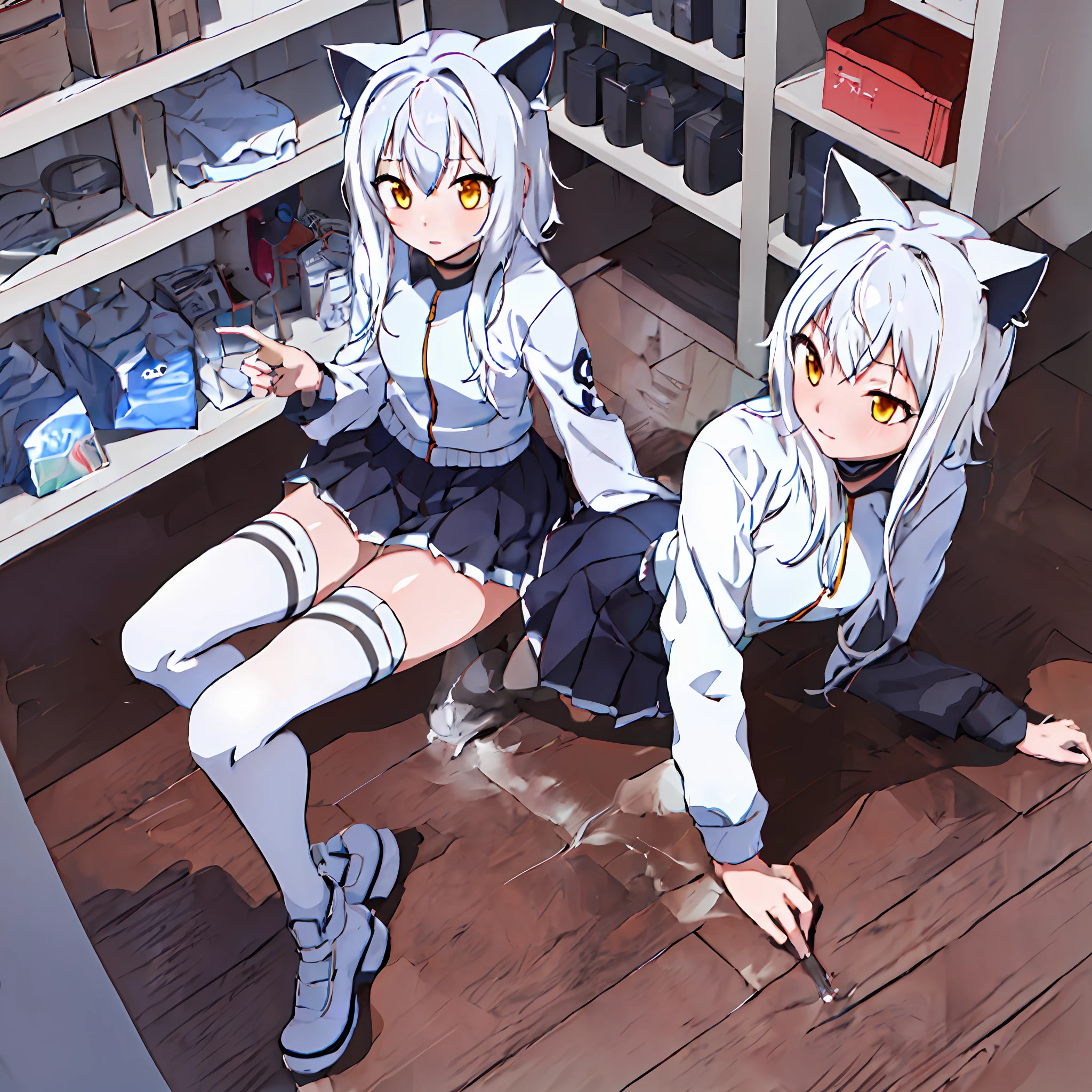 Anime characters sitting on the floor in a room with shelves - SeaArt AI