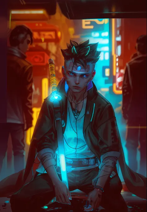 boy, standing on the street, cyberpunk 2077, complex background, night, neon lights, dramatic light