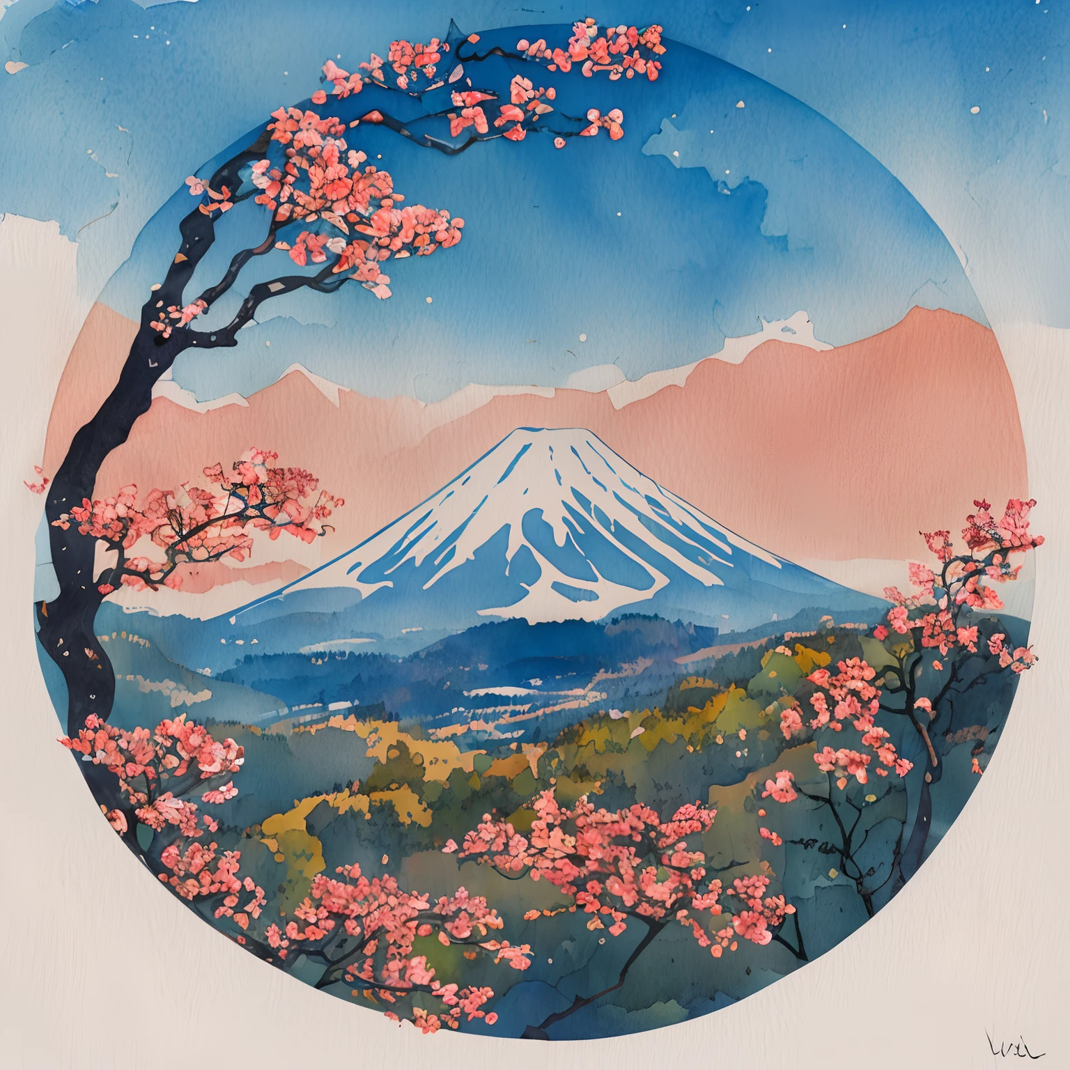 High-precision engraving，best qualtiy，aquarelle，circular design，Cherry blossom treetops，Falling cherry blossoms，In the distance is Mt. Fuji，In the clouds，vectorial art