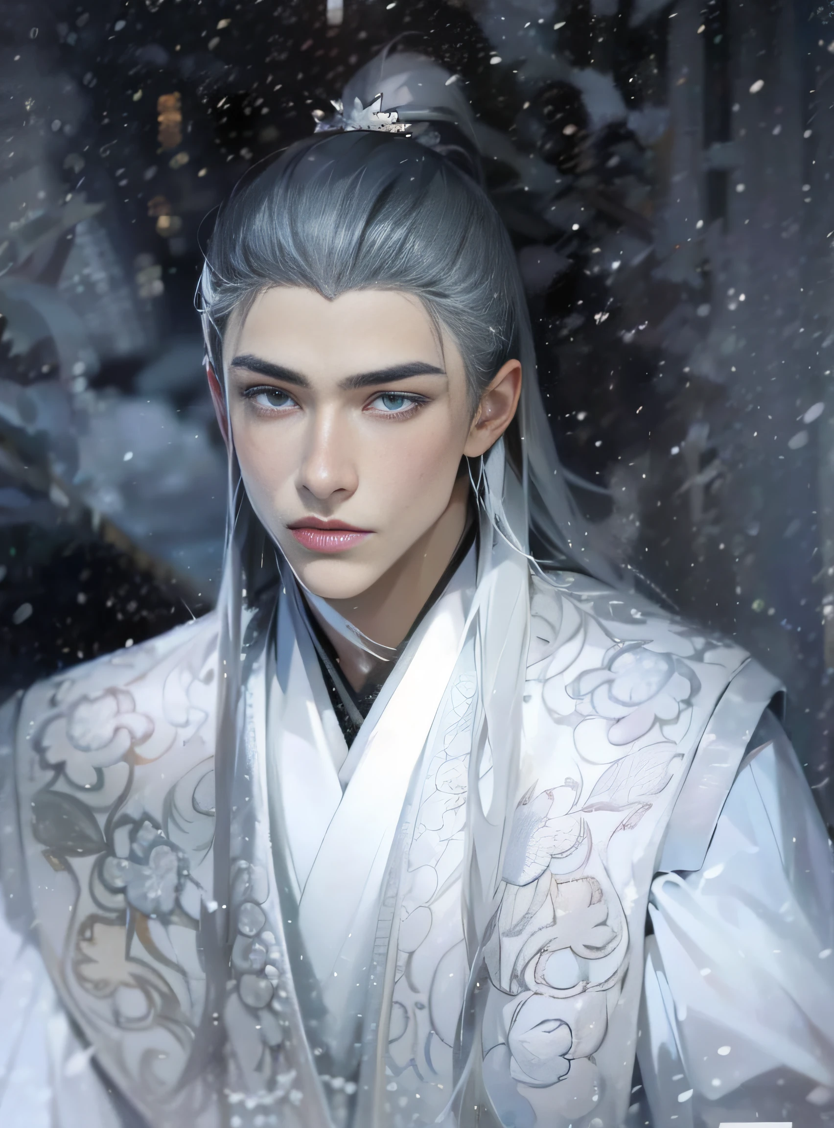 Ein junger und gutaussehender Mann，weißes Haar，kalt，treibende Schneeflocken，Hintergrund-Bokeh