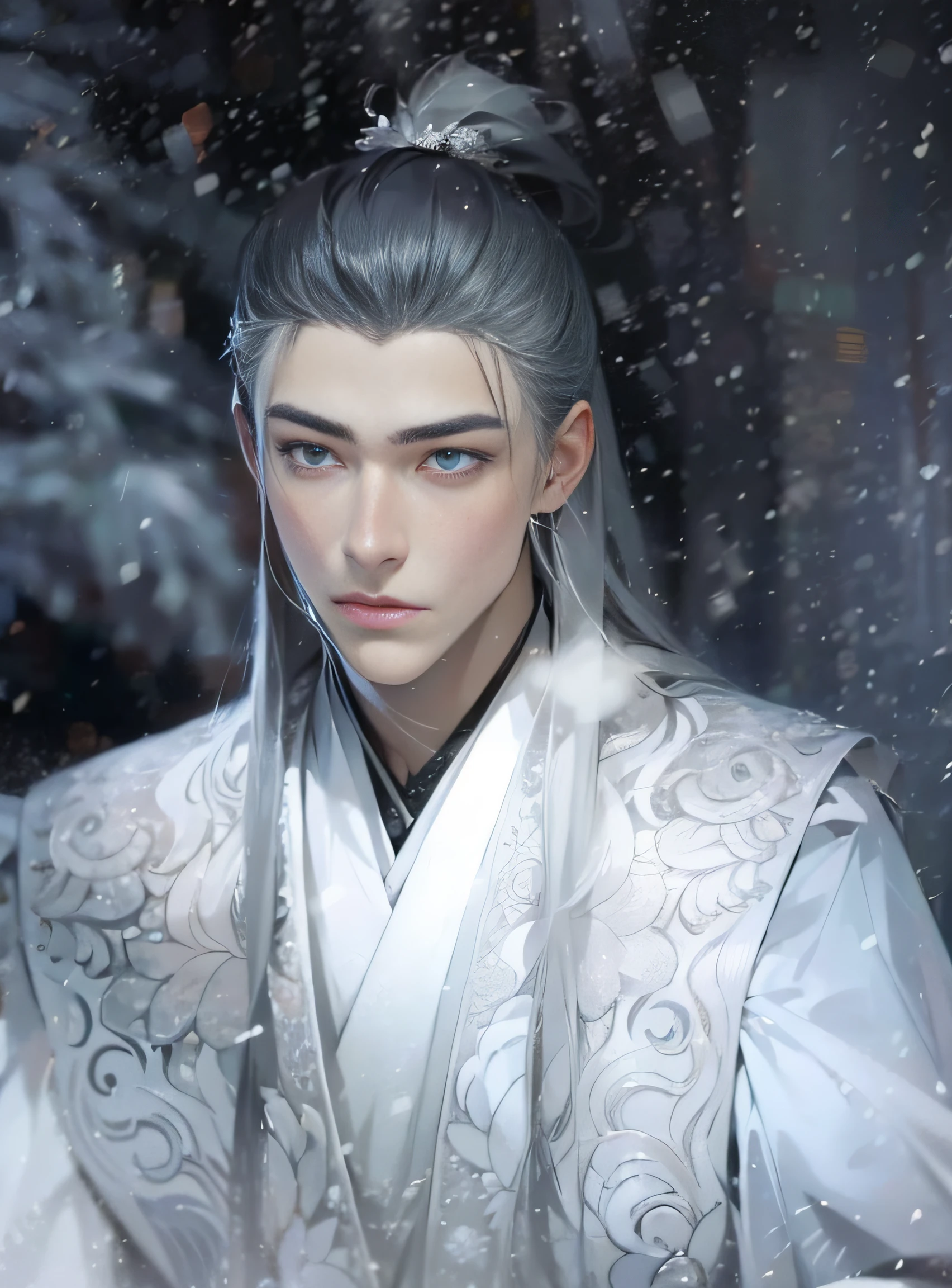 Ein junger und gutaussehender Mann，weißes Haar，kalt，treibende Schneeflocken，Hintergrund-Bokeh