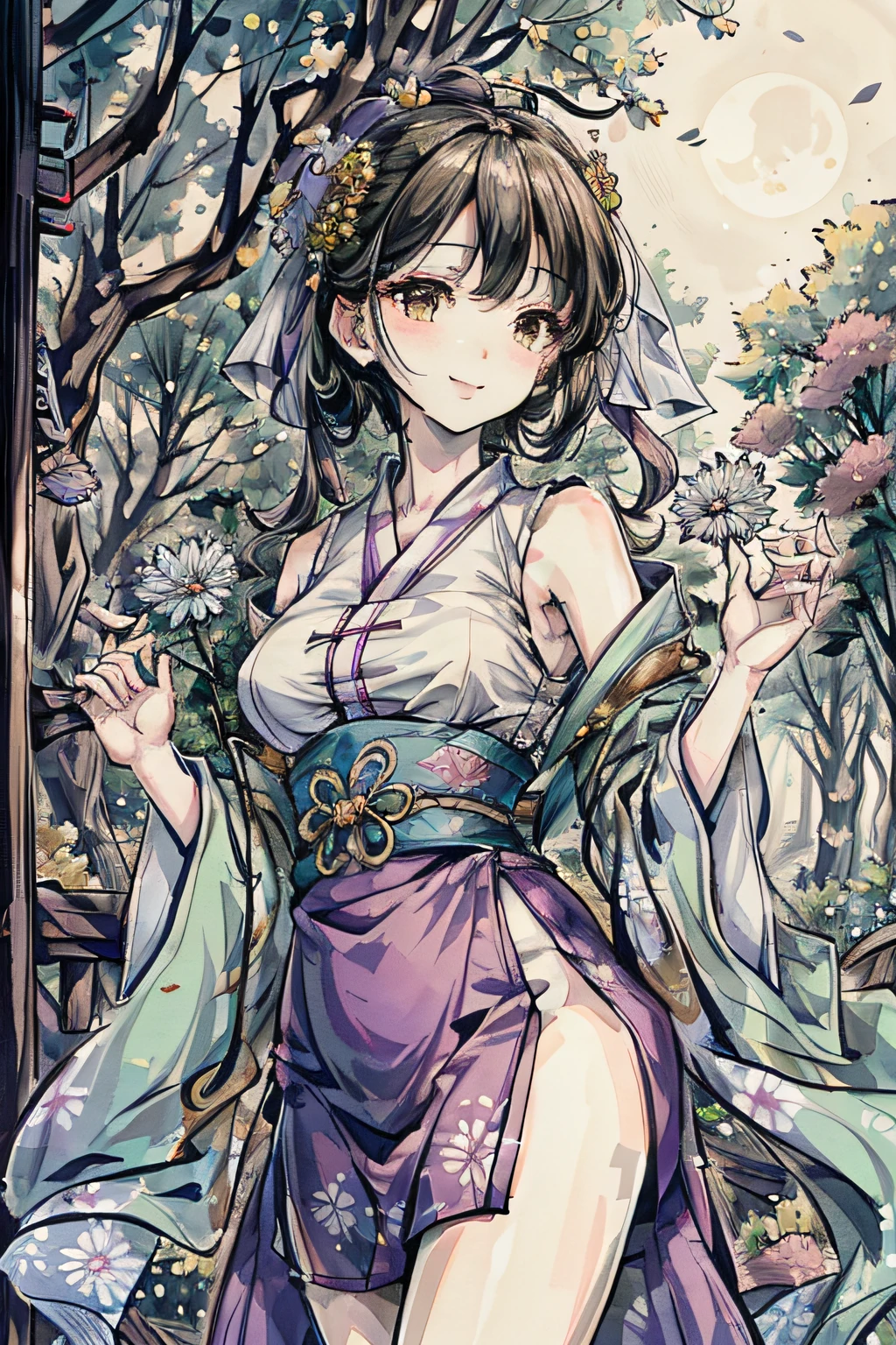 (masterpiece), best quality, good anatomy, shuimobysim, (1 girl: 1), (upper body), (smile), short hair, (hanfu), (ecchi0.5), (trees: 0.5), (flowers: 0.6), (full breasts: 1.0), (full body: 1.2), moon, summer, looking at the moon in the house, bed,