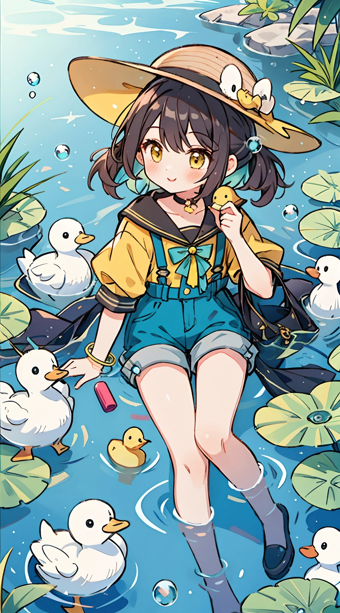 1girl, duckie theme, toy duck, yellow animal cute, she is playing with ducks in a lake with turquois waters and bubbles floating around, cute hat, duckie shaped choker and accesories, shorts in yellow color, her hair is black and long