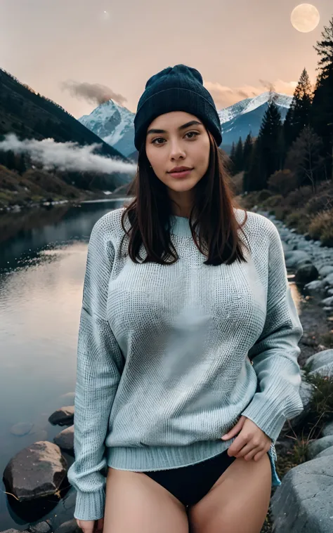 Photorealistic, Best quality, ultra - detailed, Beautiful woman, Selfie Photos, Upper body, Solo, wearing pullover, Outdoors, (Night), Mountains, Nature in real life, stars, Moon, (cheerful big breasts, cheerfulness), sleeping bag, mitts, Sweater, Beanie, ...