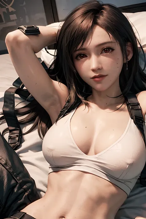 （tmasterpiece）， （best qualtiy）， 8K分辨率， ultra - detailed， ultra - detailed， photorealestic， photore， photo-realism， （1girl）， ff Tifa， final fantasy， Tifa Lockhart， sun light， cinematic ligh， cool-pose， brunette color hair， D cups， perfect bodies，Lie down in...