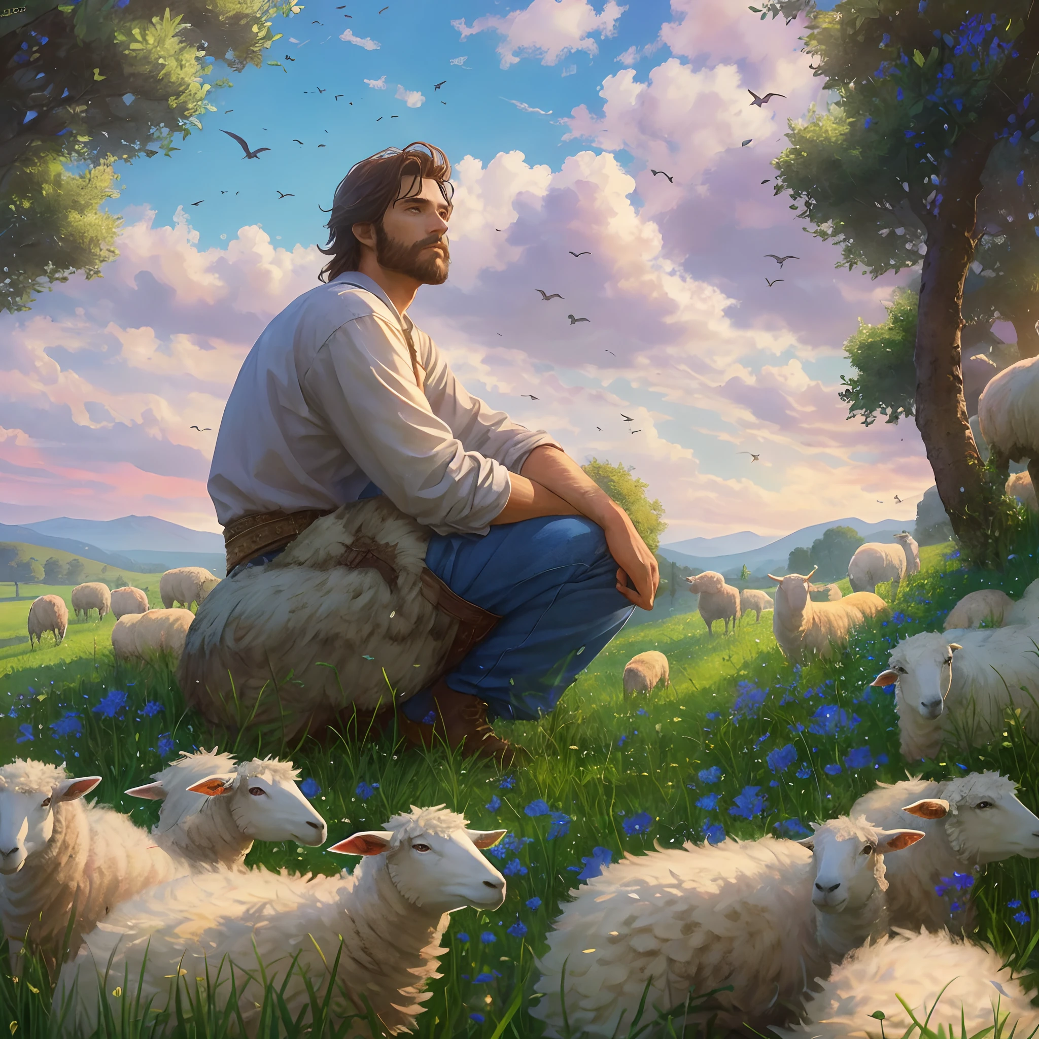 There is a man sitting on a rock with sheep in a field - SeaArt AI