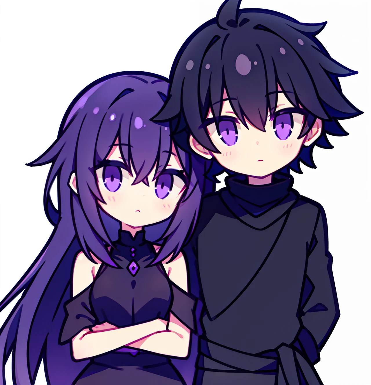 A boy with black hair and purple eyes put his arm around the waist of a girl with an extra-long black shawl，Purple eyes