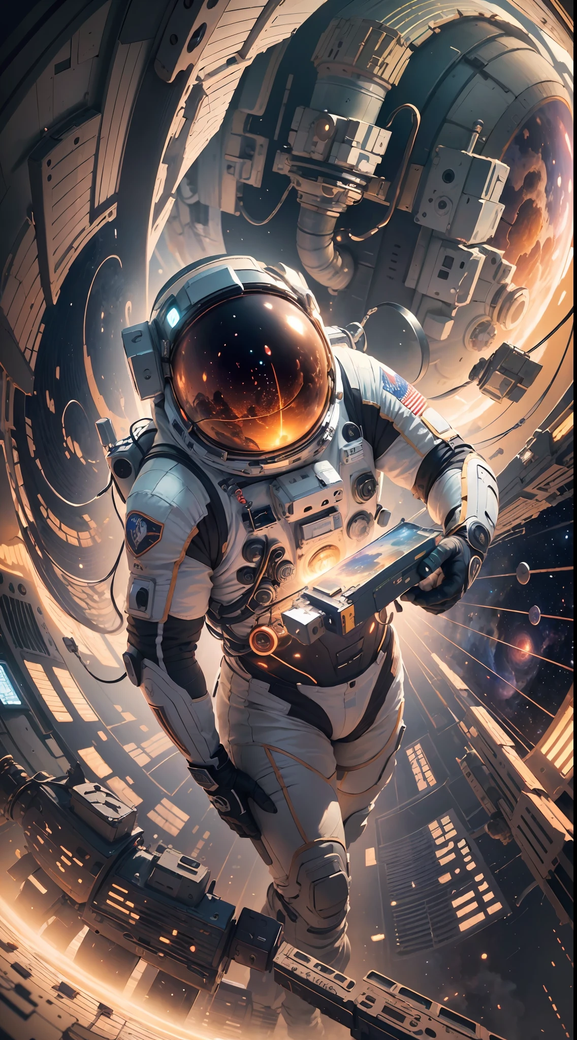 ((Masterpiece)), (Best Quality)), 8K, high detail, hyper-detail, the painting depicts a scene of breathtaking magnificent spatial images. The picture shows a man wearing a spacesuit, facing back, looking at a red glowing planet in space. The scenes are extremely detailed and the clarity is extraordinary, capturing every intricate detail of the panorama.