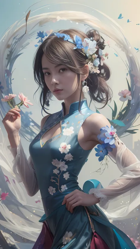 There was a woman in a blue dress holding a flower, Guviz-style artwork, Inspired by Fenghua Zhong, Artgerm and Atey Ghailan, By...