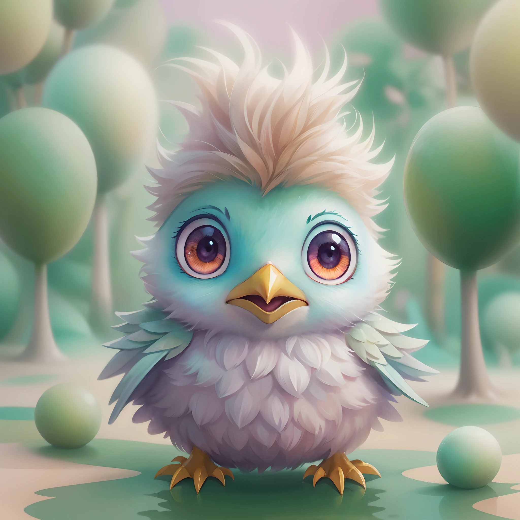 digital Illustration of a cute stylized fantasy baby bird character,Front View, style of studio ghibli, fluffy, Photoreal rendering,pixar style, ultra detailed, Intricate, full shot, full body shot, front view, by Anne Stokes, facing toward camera, front angle, very big and cute eyes, big peak, centered, adorable, loish, cute and quirky, watercolor effect, retro aesthetic, lovely, whimsical, smooth, soft lighting, detailed Illustration, 3d vector art, t-shirt design, pastel tetradic colors, graffiti effect,bird's eye