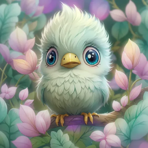 digital Illustration of a cute stylized fantasy baby bird character,Front View, style of studio ghibli, fluffy, Photoreal rendering,pixar style, ultra detailed, Intricate, full shot, full body shot, front view, by Anne Stokes, facing toward camera, front a...