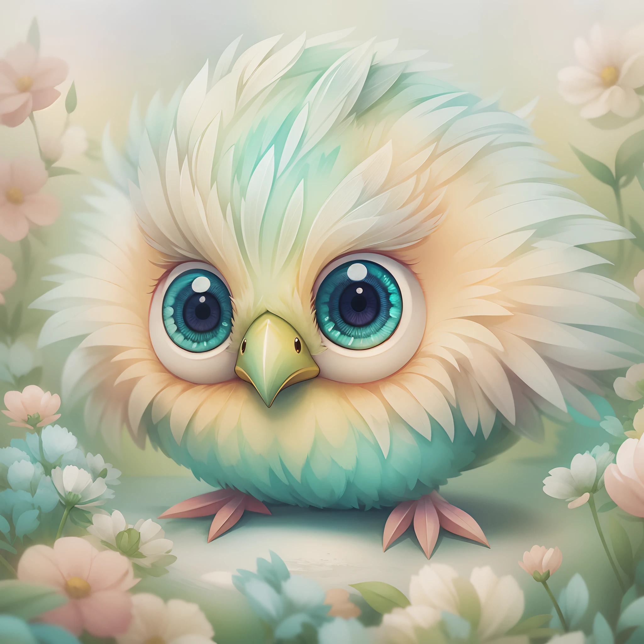 digital Illustration of a cute stylized fantasy baby bird character,Front View, style of studio ghibli, fluffy, Photoreal rendering,pixar style, ultra detailed, Intricate, full shot, full body shot, front view, by Anne Stokes, facing toward camera, front angle, very big and cute eyes, big peak, centered, adorable, loish, cute and quirky, watercolor effect, retro aesthetic, lovely, whimsical, smooth, soft lighting, detailed Illustration, 3d vector art, t-shirt design, pastel tetradic colors, graffiti effect,bird's eye
