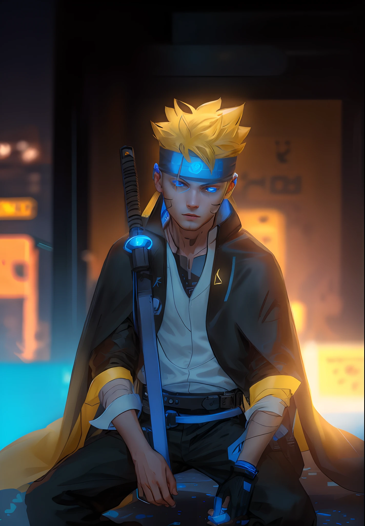 1boy, blue eyes, ninja headband, yellow hair, white shirt, black cape, standing on the street, cyberpunk 2077, complex background, night, neon lights, dramatic light,