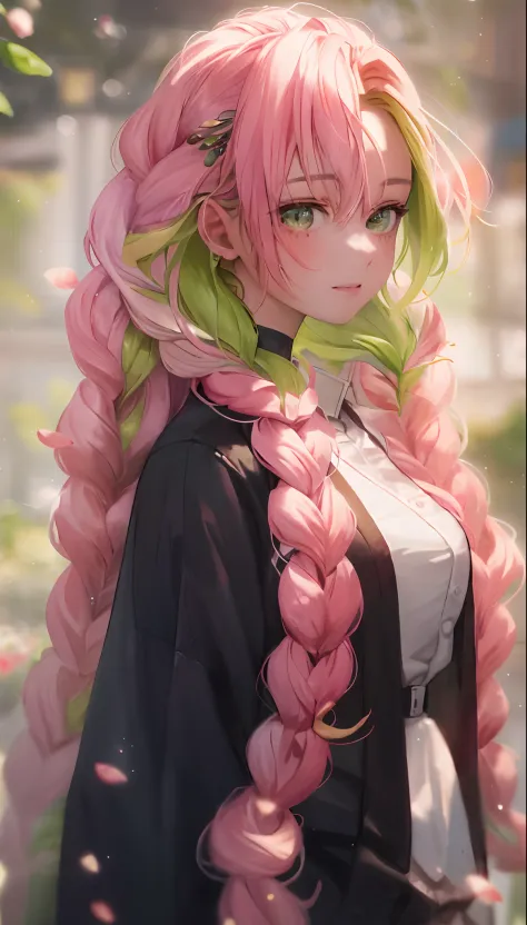 Green eyes, Close up portrait of a person with long pink hair and a green scarf, Beautiful Anime Portrait, Detailed Digital Anim...