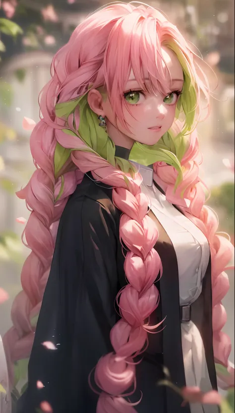 Green eyes, Close up portrait of a person with long pink hair and a green scarf, Beautiful Anime Portrait, Detailed Digital Anim...