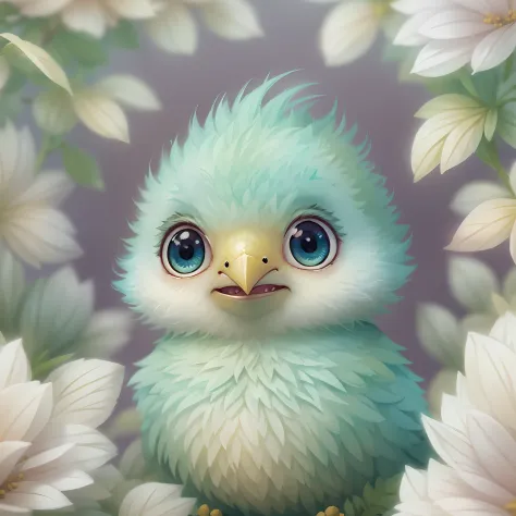 digital Illustration of a cute stylized fantasy baby bird character,Front View, style of studio ghibli, fluffy, Photoreal rendering,pixar style, ultra detailed, Intricate, full shot, full body shot, front view, by Anne Stokes, facing toward camera, front a...