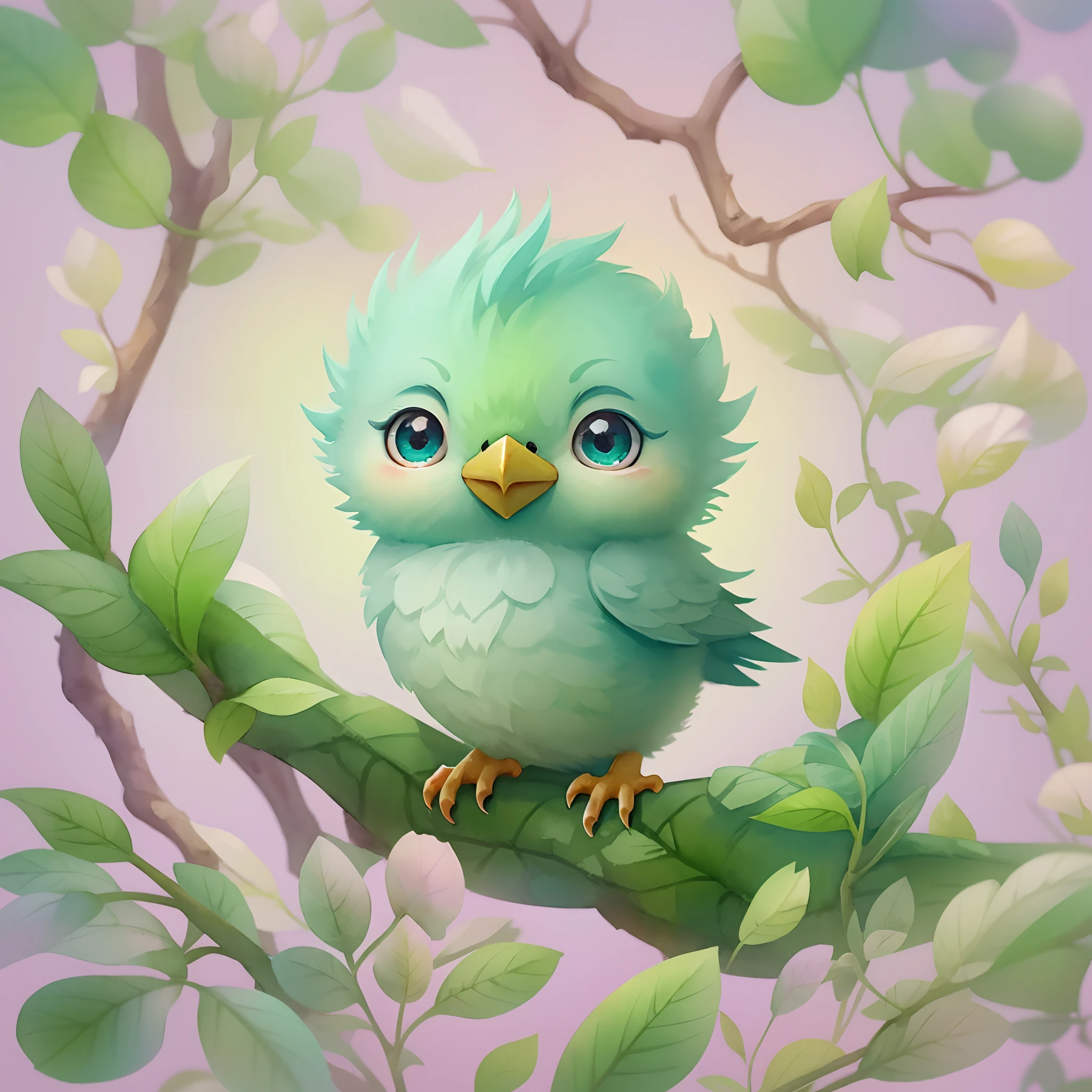 digital Illustration of a cute stylized fantasy baby bird character,Front View, style of studio ghibli, fluffy, Photoreal rendering,pixar style, ultra detailed, Intricate, full shot, full body shot, front view, by Anne Stokes, facing toward camera, front angle, very big and cute eyes, big peak, centered, adorable, loish, cute and quirky, watercolor effect, retro aesthetic, lovely, whimsical, smooth, soft lighting, detailed Illustration, 3d vector art, t-shirt design, pastel tetradic colors, graffiti effect,bird's eye