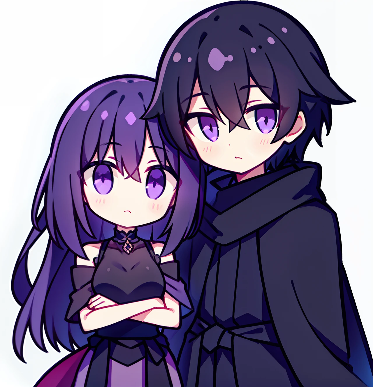 Slightly longer black hair，The purple-eyed boy wrapped his arm around the waist of a girl wearing an extra-long black shawl，Purple eyes
