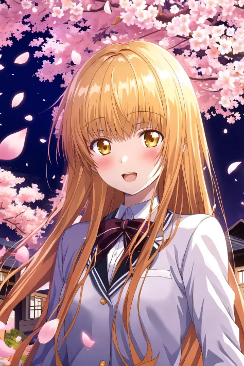 masterpiece, best quality, highres, game cg, 1girl, shiina mahiru, cherry blossoms, petals, flying petals, wind, upper body