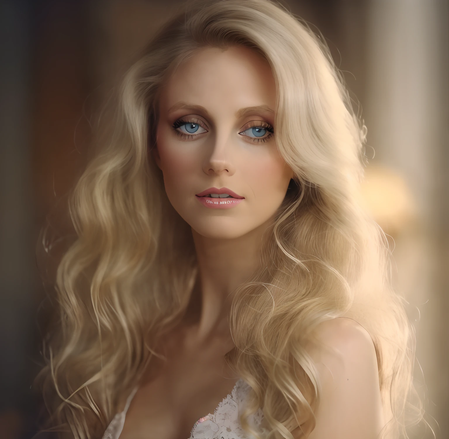 raw photo of a young woman, haunted in a white silk dress, Long blonde hair, Beautiful face, Upper body, [Extreme closeup], face, Eyes, center framing, why are you here, 8K  UHD, Fujifilm XT3