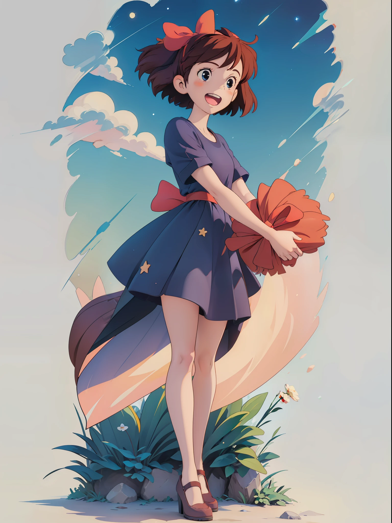 (Masterpiece:1.2), (high qulity:1.2), 1girll, full body Kiki, cheerfulness, big red hairtie, dark blue short dress, Surrounded by stars, High details, Realistic, Photography, white flat background, soft focus