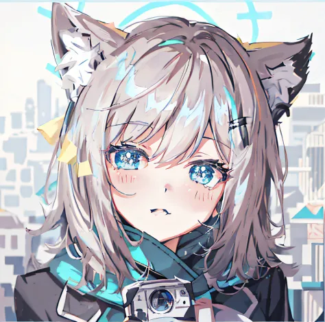 Anime girl with camera and cat ears in front of the city, From Arknights, anime catgirl, beautiful anime catgirl, anime moe art ...