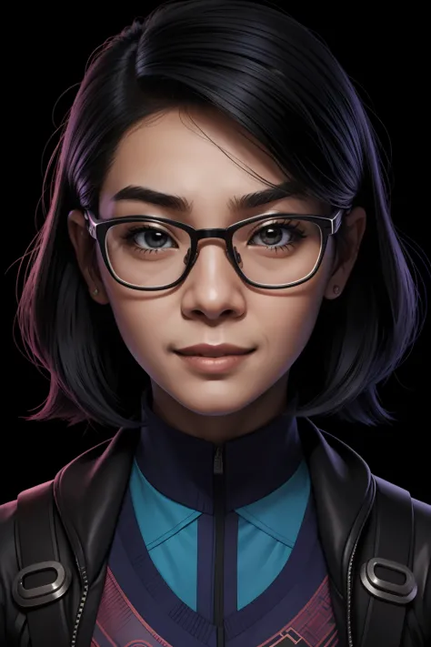 An ugly young Asian nerd woman smiling wearing glasses, blue glasses, adolescente, cabelo preto curto, estilo de cabelo sidecut,...