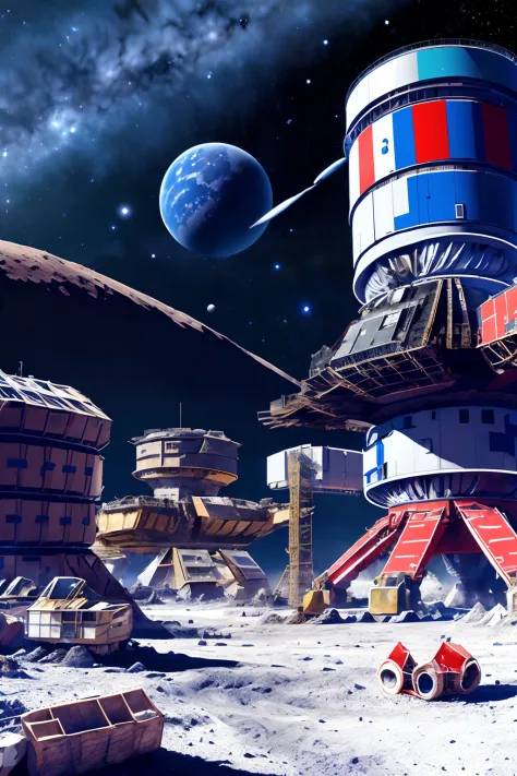 AI Construction Yard, Base on the Moon, Background - stars and planets, Russian flag, Painted white, blau, red colors;