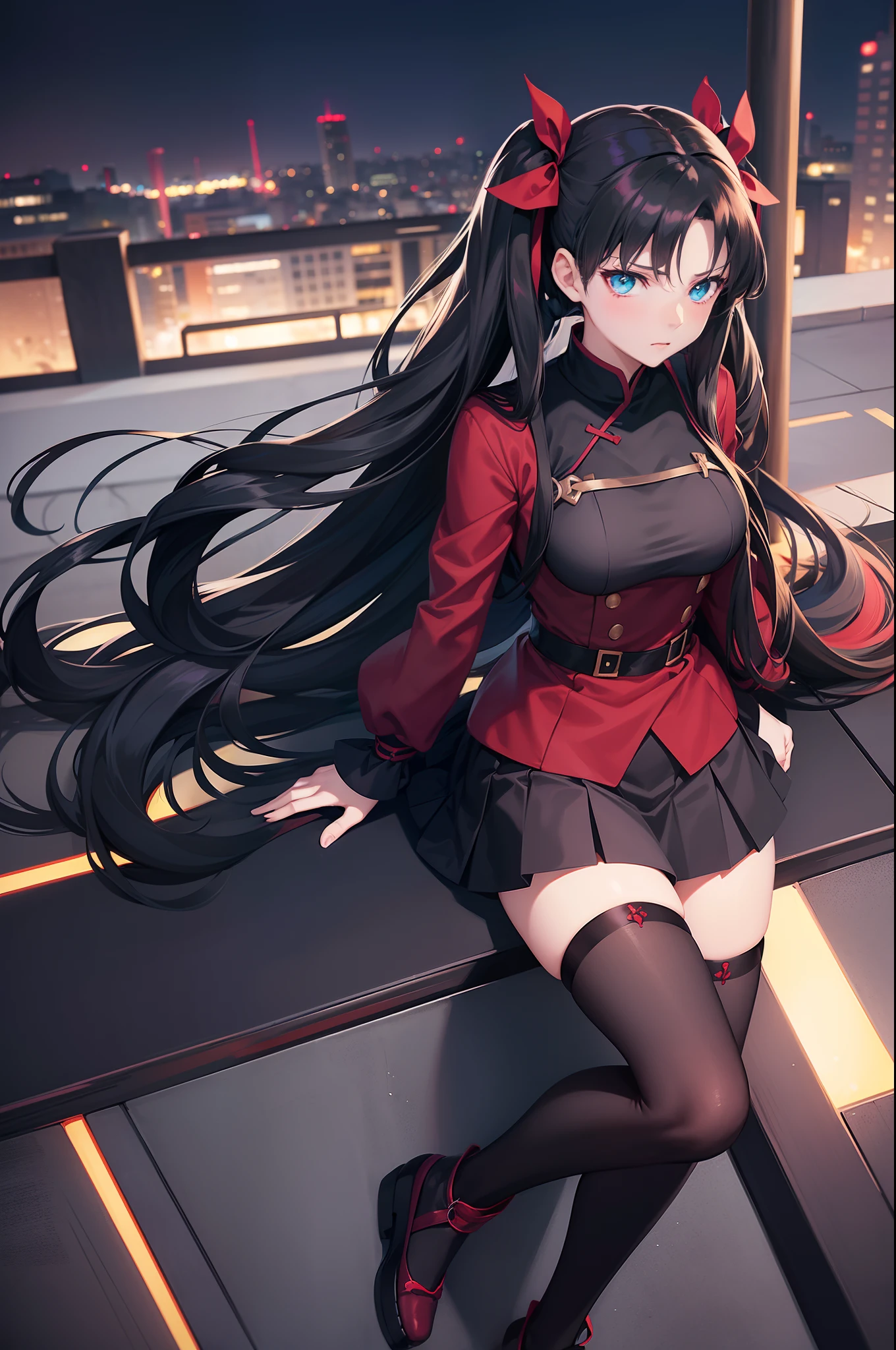 Anime girl with long black hair sitting on a ledge - SeaArt AI