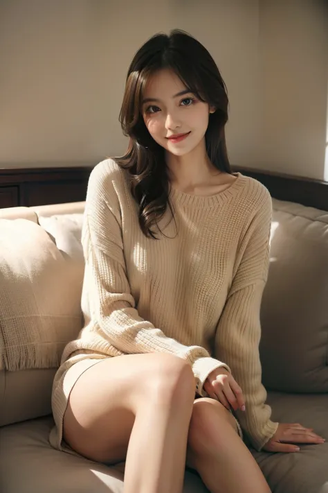 1girl in,Sitting on a cozy sofa,cross one's legs,Soft light、a smile、Beautuful Women、A slender