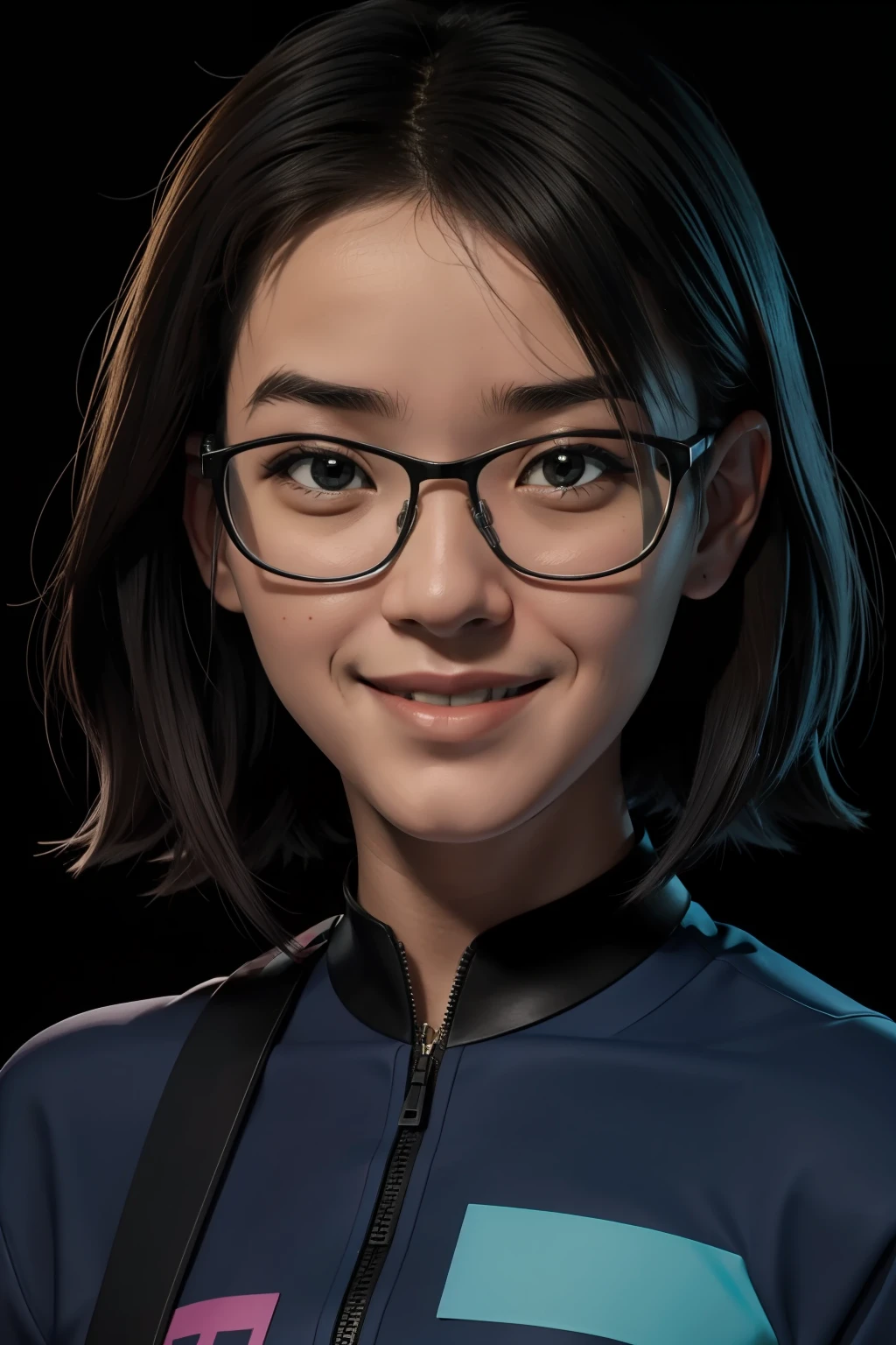 An ugly young Asian nerd smiling wearing glasses, mulher, blue glasses, adolescente, cabelo preto curto, estilo de cabelo sidecut, garota podcaster geek, esquisita, roupas modernas, enthusiastic and optimistic character with a touch of intellectual curiosity, garota pop, personagem 2d, Comic book style, menina geek, Feliz, Arte estilizada, Funky