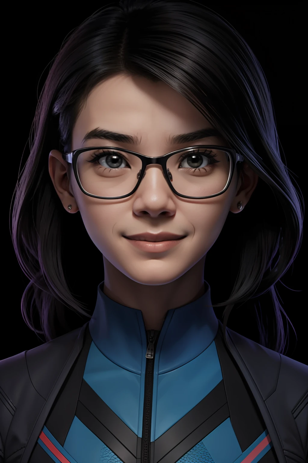 An ugly young Asian nerd smiling wearing glasses, mulher, blue glasses, adolescente, cabelo preto curto, estilo de cabelo sidecut, garota podcaster geek, esquisita, roupas modernas, enthusiastic and optimistic character with a touch of intellectual curiosity, garota pop, personagem 2d, Comic book style, menina geek, Feliz, Arte estilizada, Funky