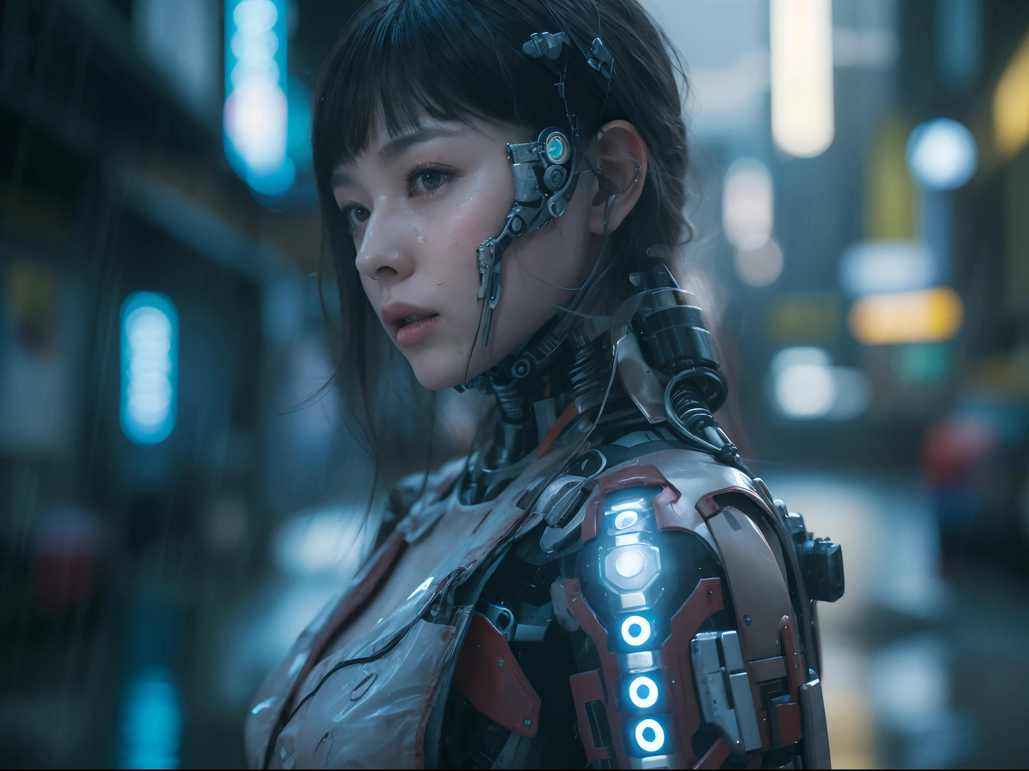 cinematic colorgrading film, dramatic scene, photography, RAW, Masterpiece, ultra wide angle, walking on the cyberpunk cityscapes, Ultra Fine Photo, (cyborg arms:1.3), medium breast, Best Quality, Ultra High Resolution, Photorealistic, volumetric light, Stunningly Beautiful, half body, Delicate Face, Vibrant Eyes, RAW photo, 1girl, solo, 1girl, (tang top:1.3), (techwea), future tech, futuristic, hologram augmented realities, (extremely detailed CG unity 8k wallpaper), of the most beautiful artwork in the world, professional photography, trending on ArtStation, trending on CGSociety, Intricate detail, High Detail, Sharp focus, dramatic, photorealistic, cyberpunk, futuristic, pale skin, slim body, (high detailed skin:1.2), 8k uhd, dslr, soft lighting, high quality, film grain, glossy, (Highest quality:1.3), (sharp focus:1.5), (photorealistic:1.3), (highly detailed skin), (detailed face), (high detailed skin:1.2), (glistening skin:1.2), cyborg arms, (highly detailed skin textures:1.15), (detailed face), (high detailed skin:1.2), (glistening skin:1.15), glossy, (cyborg arms:1.5), kimono tech, japanese, cyberpunk street, (nights:1.2), fog, (rain:1.2), film grain, glossy, water reflection, reelmech