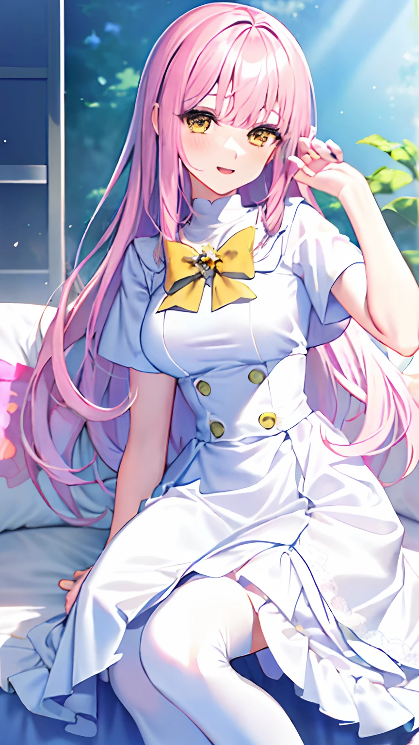 a 18 years beautiful girl, Masterpiece, Top quality, 8K anime, Gentle expression, Detailed fingers, precise fingers, not unnatural hands, illustration, 1 girl, Solo, Pink Long Hair, white short sleeves dress, Yellow eyes, White knee socks, Sagging eyes, mika