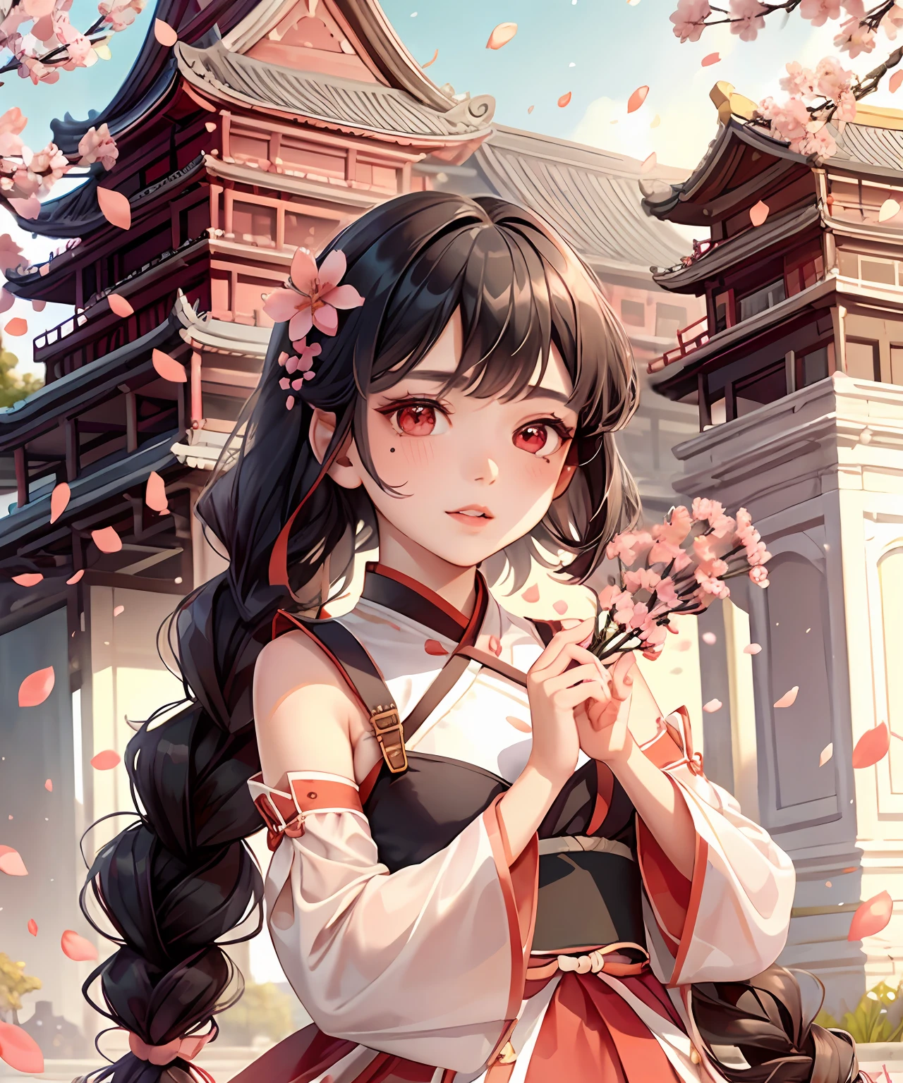 falling petals, 
(petals:1.2), 
1girl, solo, 
upper body, from below, wind, 
red eyes, black hair, mole under eye, (freckle:0.6), lips, eyebrows,
 (braid:0.7), 
hanfu, 
 peach blossoms,
grass, 
architecture,building,