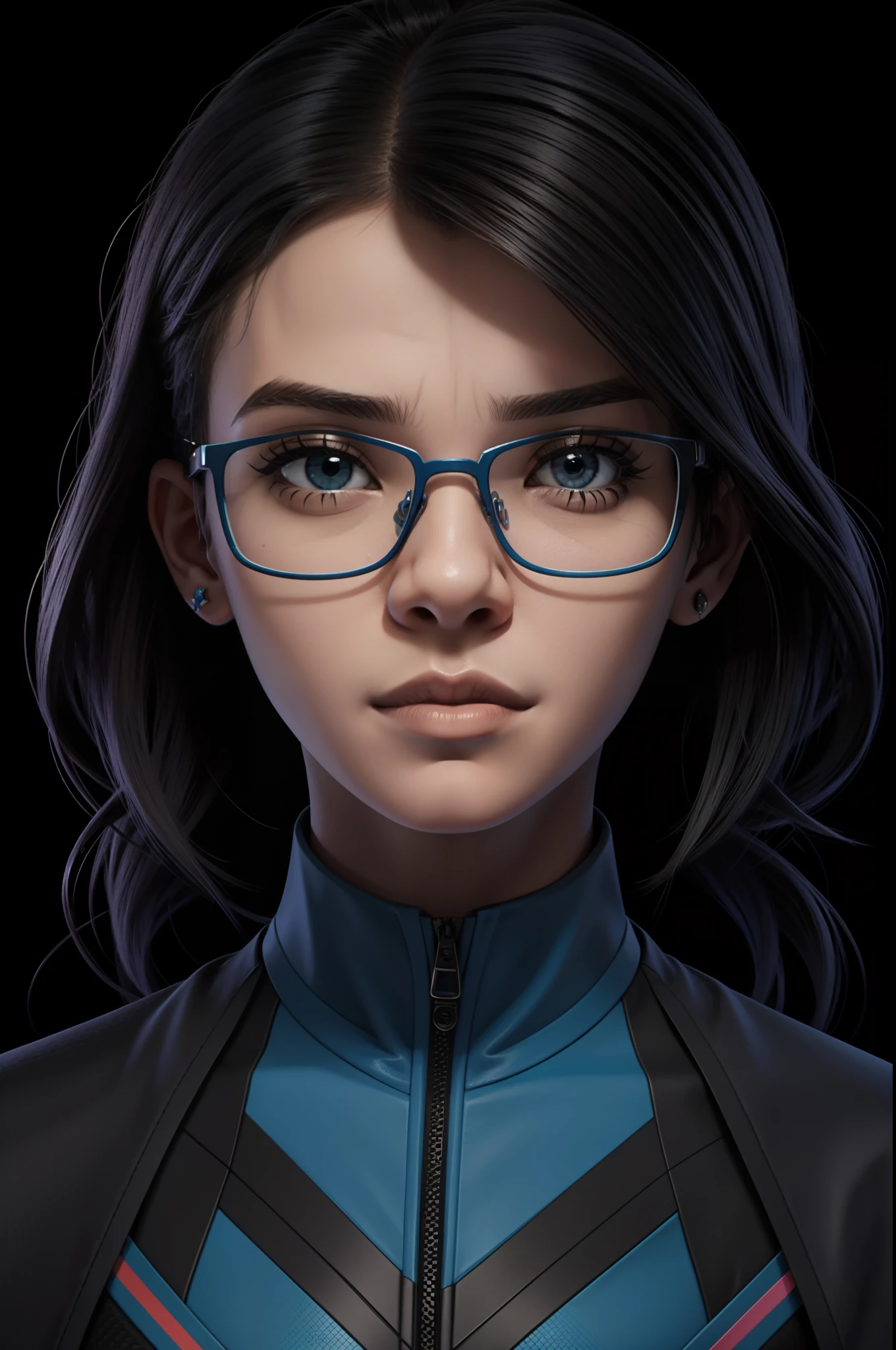 Chica joven nerd, Gafas Azules, pelo negro corto, ropa moderna, mujer joven, personaje 2d, arte de personajes estilo cómic