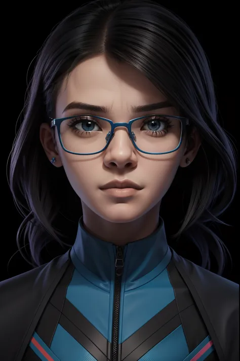 Jovem garota nerd, blue glasses, cabelo preto curto, roupas modernas, mulher jovem, personagem 2d, character art estilo quadrinh...