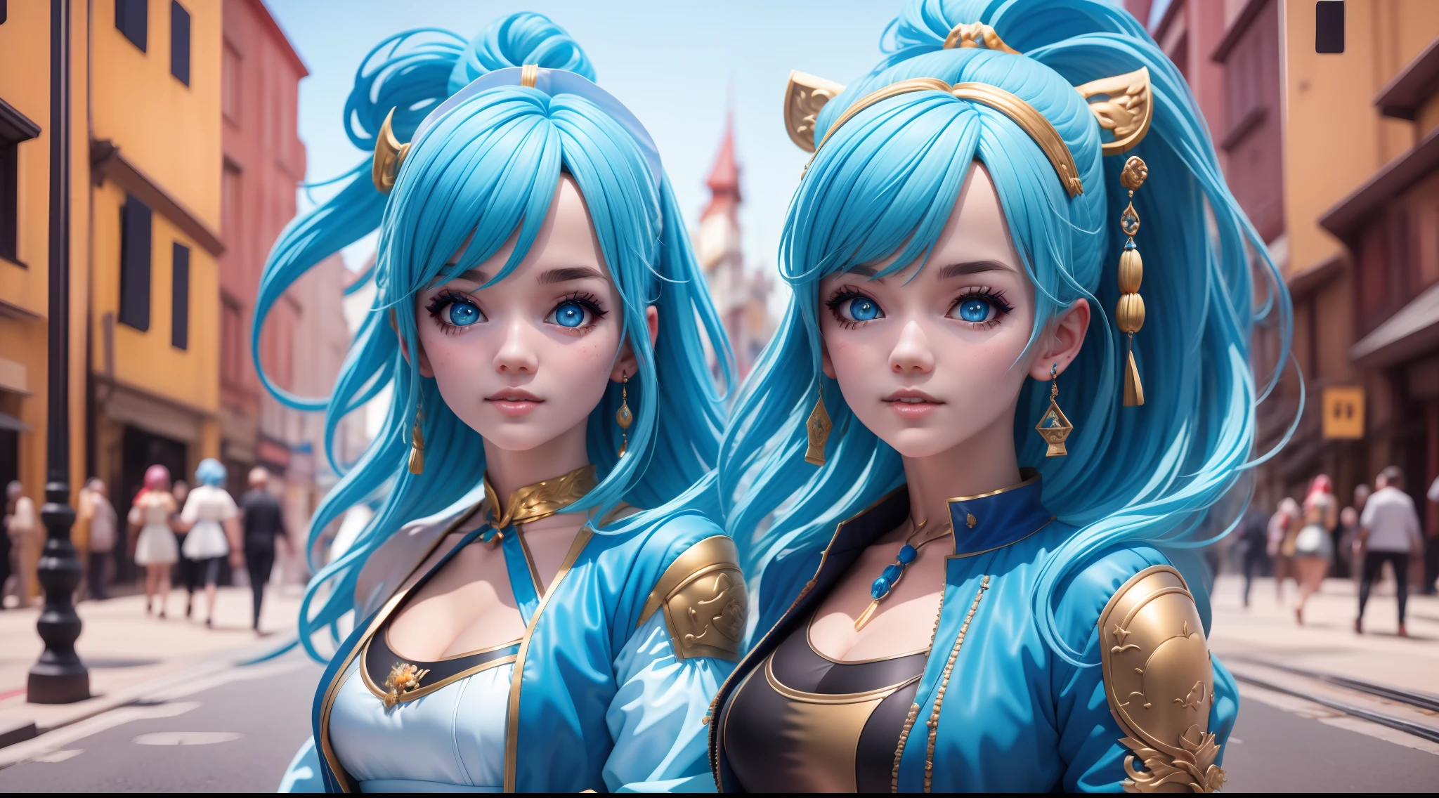 Bela de cabelos azuis，Foto do busto，traje de época，estilo anime 3 d realista, anime 3d realista, renderização fotorrealista de garota anime, render of a cute menina anime 3d, Arte de personagem com renderização 3D 8K, estilo anime 3d, menina anime 3d, Anime hiper realista, Renderização de retrato em 8K, estilo anime. 8K