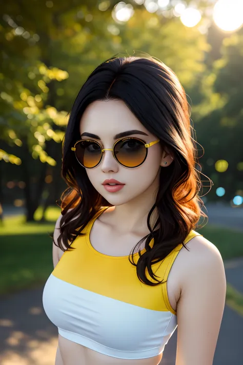 glasses, from_above, crop top, detailed face, yellow bodycon tank top, hair, park, sky, trees, pale skin, moonlight, stars, 1gir...