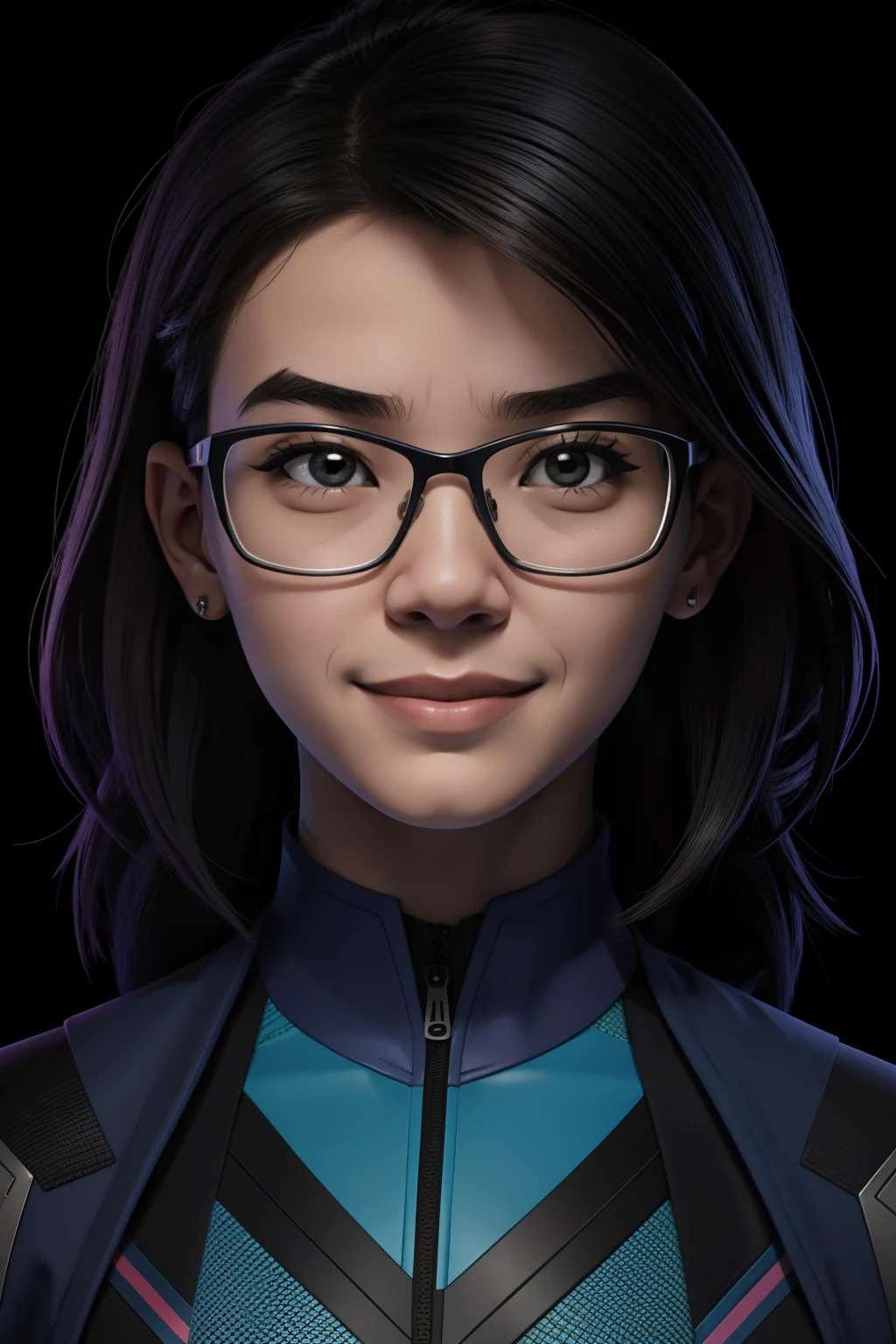 An ugly young Asian nerd smiling wearing glasses, mulher, blue glasses, adolescente, cabelo preto curto, estilo de cabelo sidecut, garota podcaster geek, esquisita, roupas modernas, enthusiastic and optimistic character with a touch of intellectual curiosity, garota pop, personagem 2d, Comic book style, menina geek, Feliz, Arte estilizada, Funky