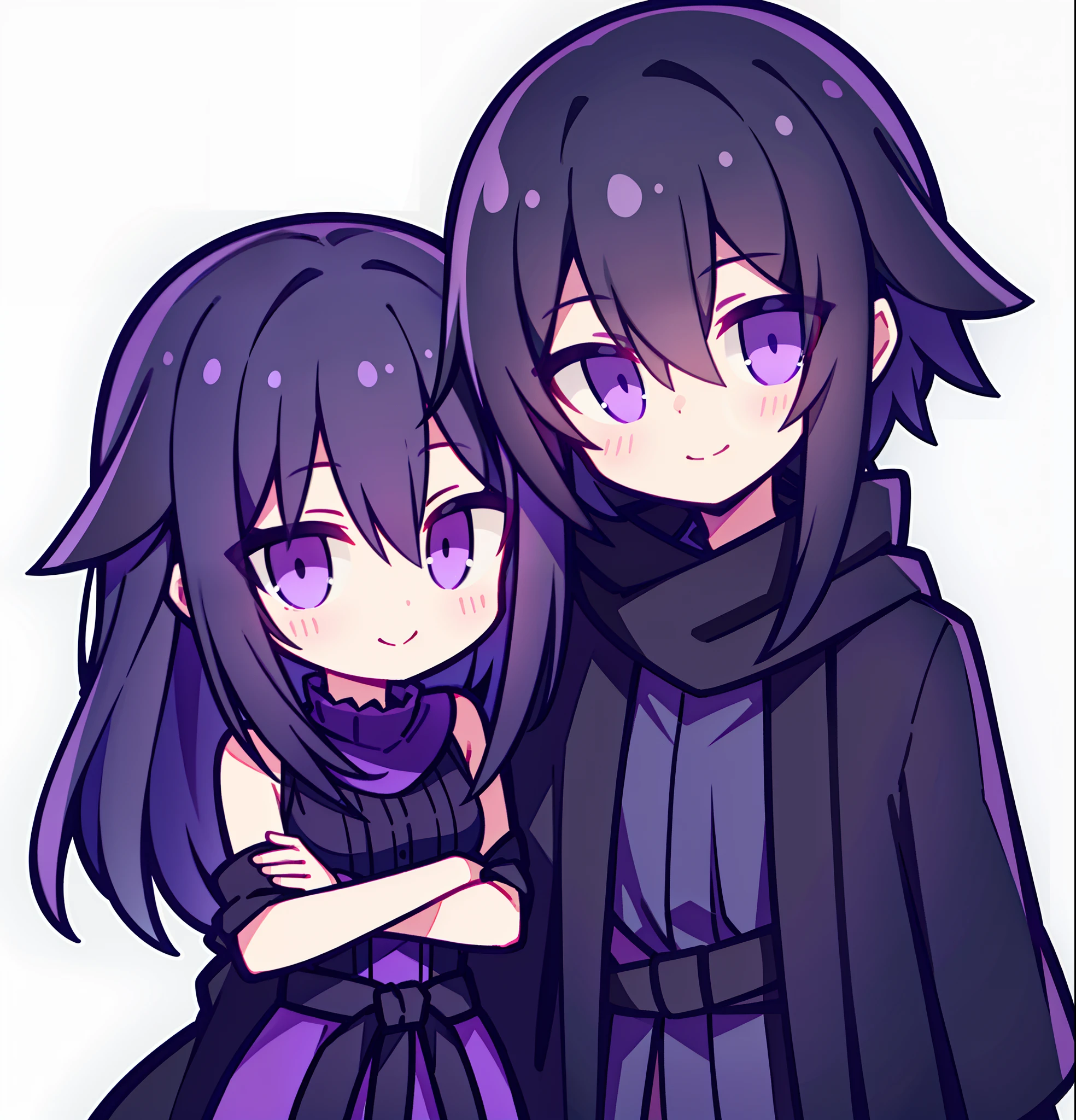 Slightly longer black hair，The purple-eyed boy wrapped his arm around the waist of a girl wearing an extra-long black shawl，Purple eyes，A slight smil，Hair fluttering slightly