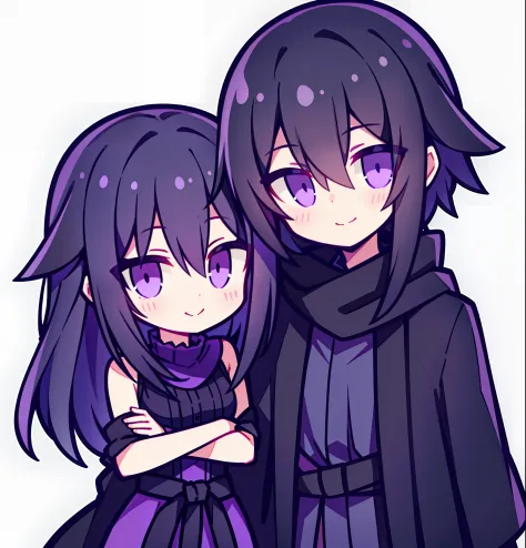 Slightly longer black hair，The purple-eyed boy wrapped his arm around the waist of a girl wearing an extra-long black shawl，Purp...